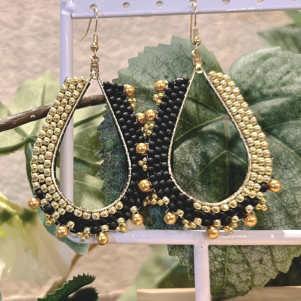 Black and Gold Handmade Seed Bead Hoop Earrings
